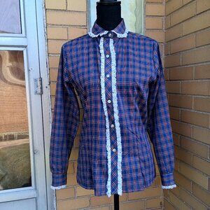 Vintage JC Penney Blouse Small Plaid Lace 70s Cottagecore Victorian